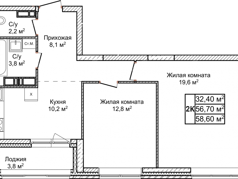 двухкомнатная квартира в ЖК Новое Ольгино, дом 1